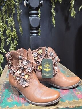 Sheridan Mia Brown Leather Floral Appliqué Ankle Boots